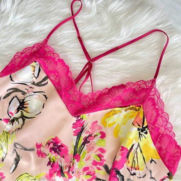 Cacique Satin + Lace Strappy Negligee Babydoll Nightie Floral Pink Yellow 18/20 - Picture 9 of 13